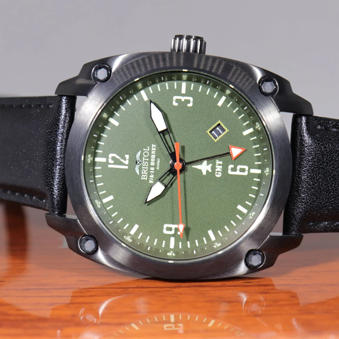 F-18 Hornet Tribute - Black Finish, Dark Green Dial, Black Leather Band - Image 4